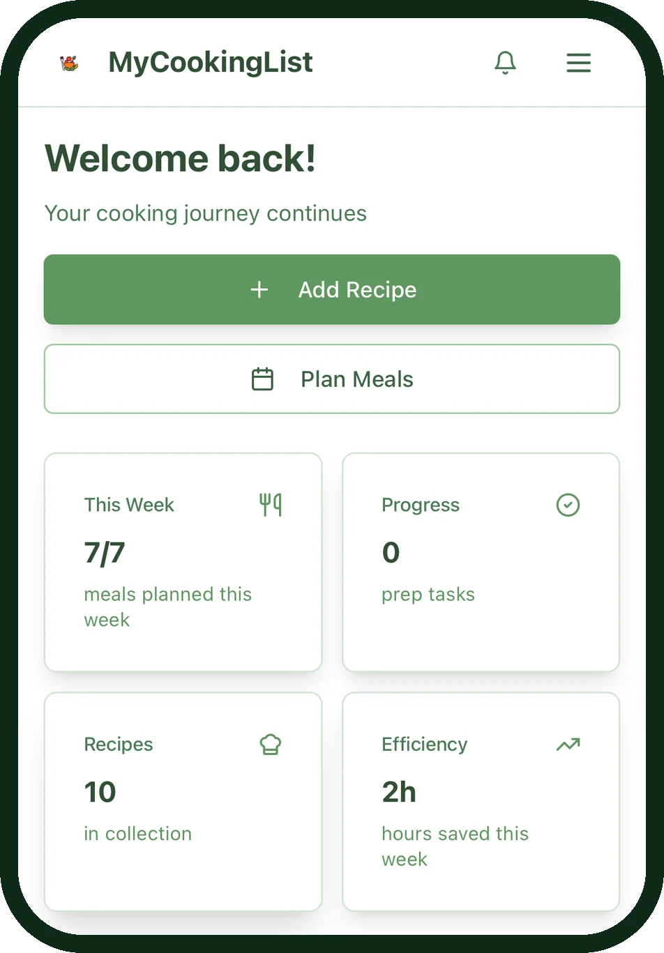 Dashboard showing time saved and progress