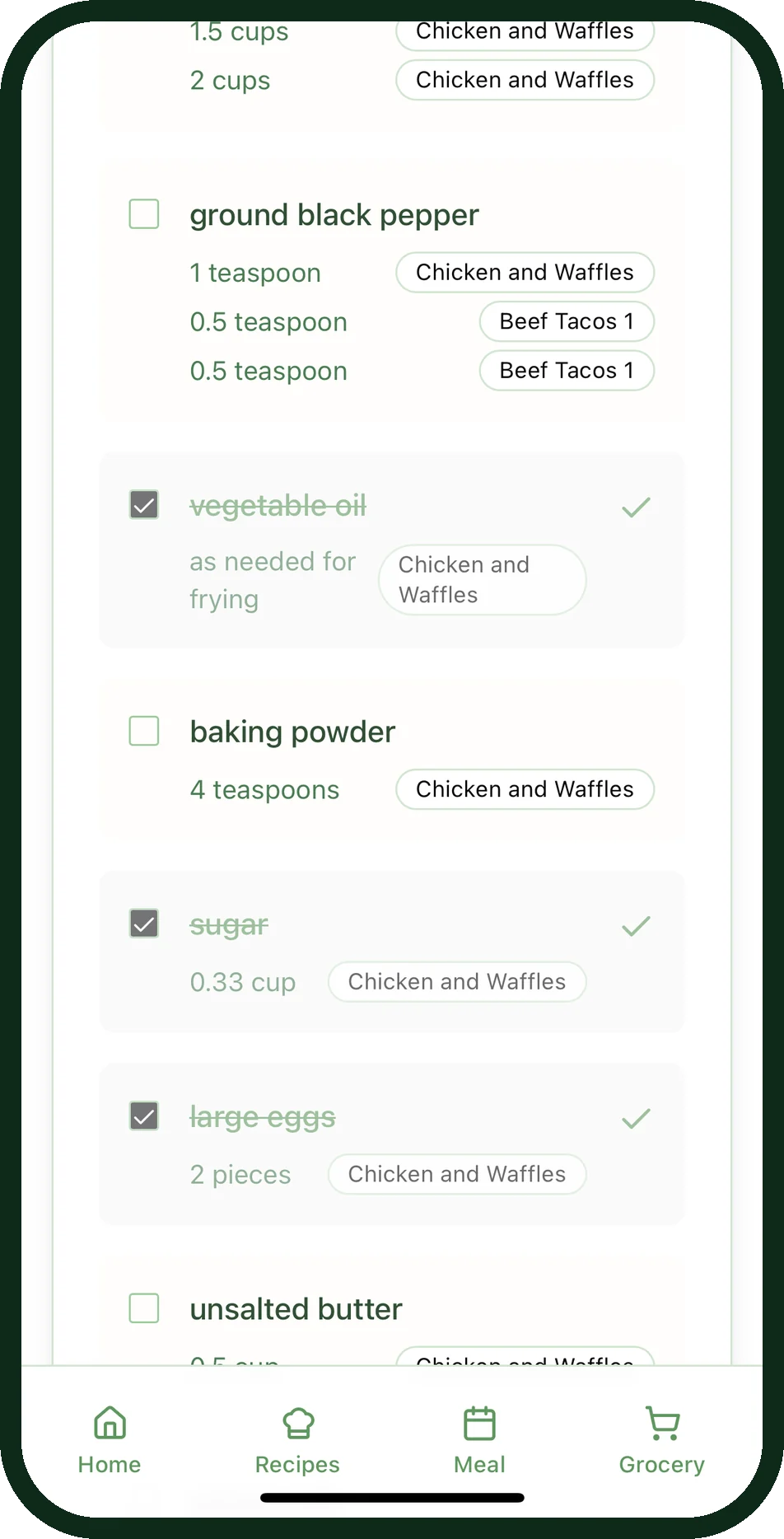 Intelligent grocery list with checkboxes