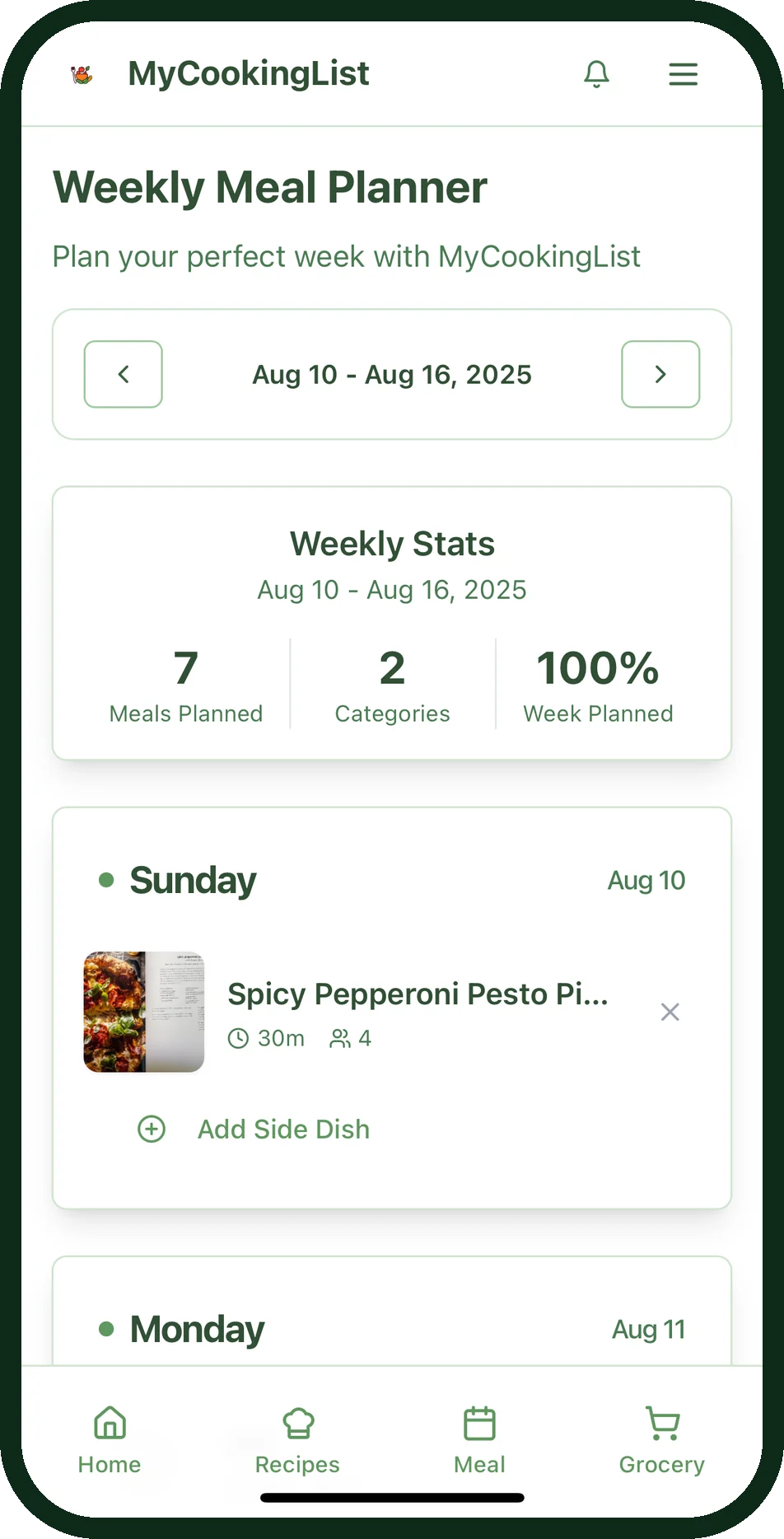 MyCookingList weekly meal planner showing seven meals planned, with pesto pizza on Sunday