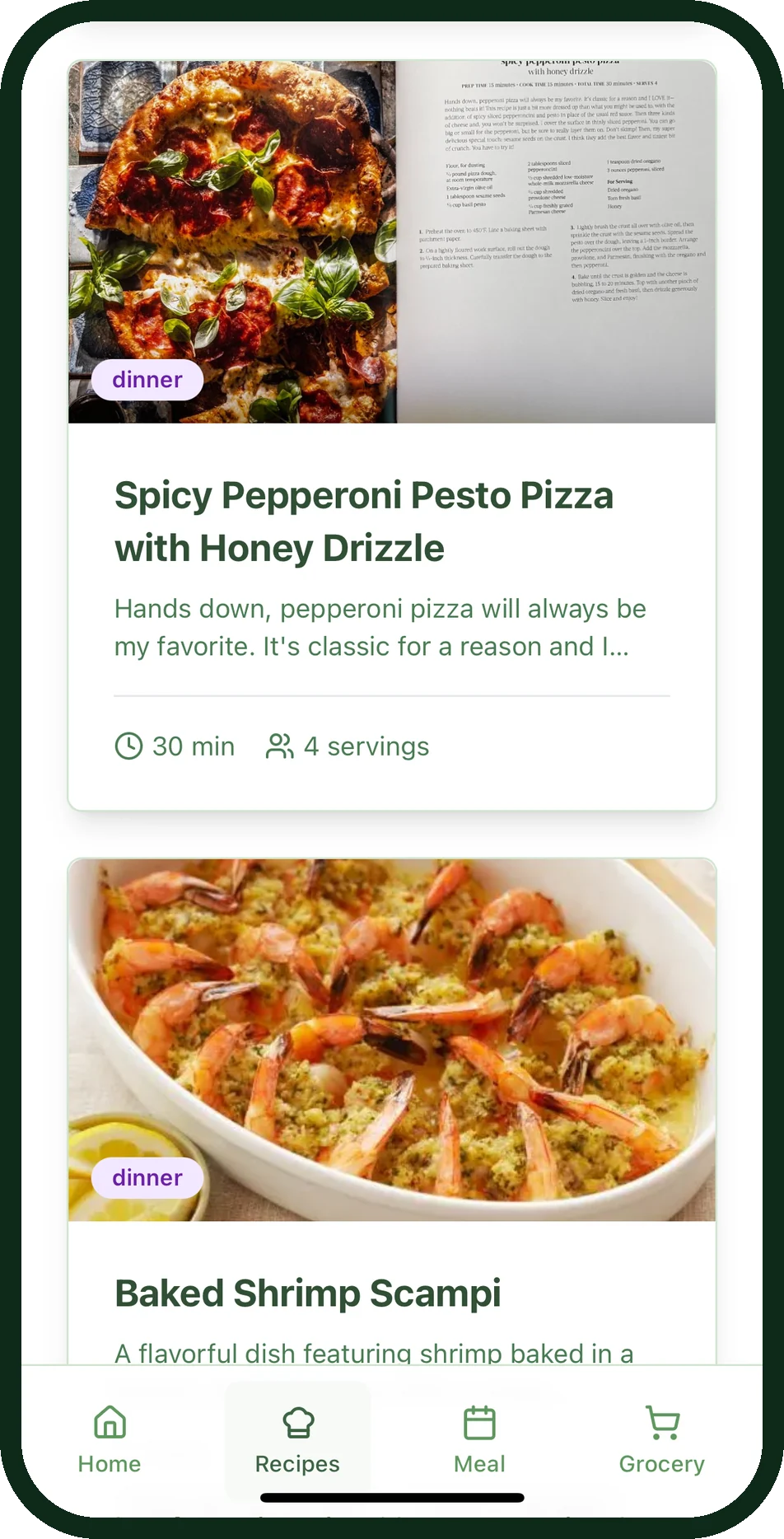 MyCookingList app showing saved recipe cards for Spicy Pepperoni Pesto Pizza and Baked Shrimp Scampi