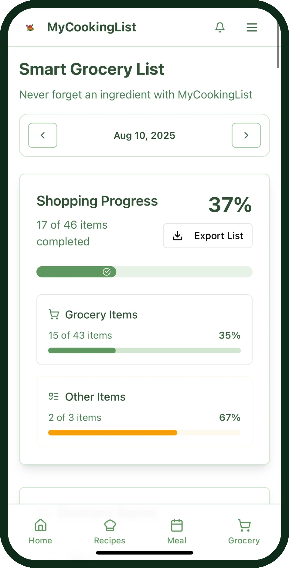 MyCookingList smart grocery list at 37 percent, 17 of 46 items checked off