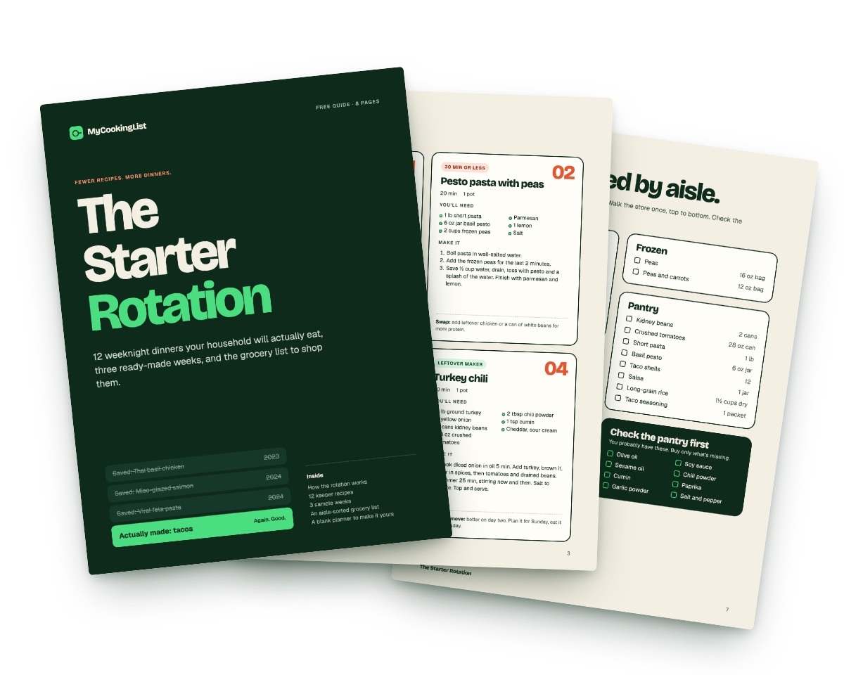 Pages from The Starter Rotation: the cover, a recipe page, and the aisle-sorted grocery list
